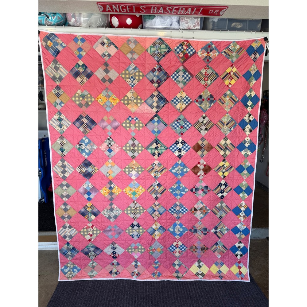 Vintage Handmade Patchwork Quilt Pink Multi Color Diamond Scrap Farmhouse Throw